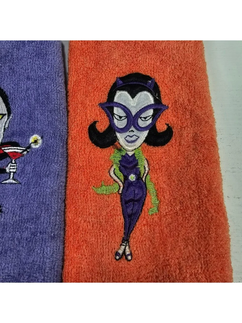 Set of 4 Vintage Halloween Hand Towels Embroidered Frankenstein Dracula Spider